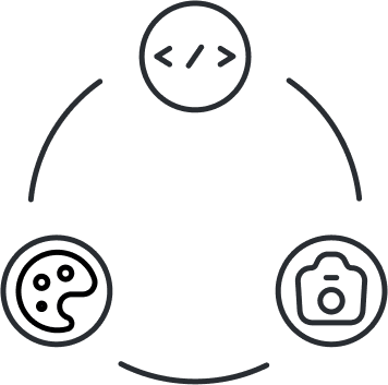 three connected circles containing a closing tag, palette, and camera